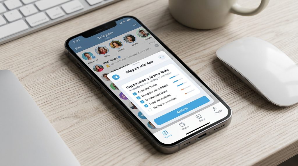 Telegram 界面中弹出的简洁小程序窗口，底部带有操作导航栏，现代感十足的 UI 设计