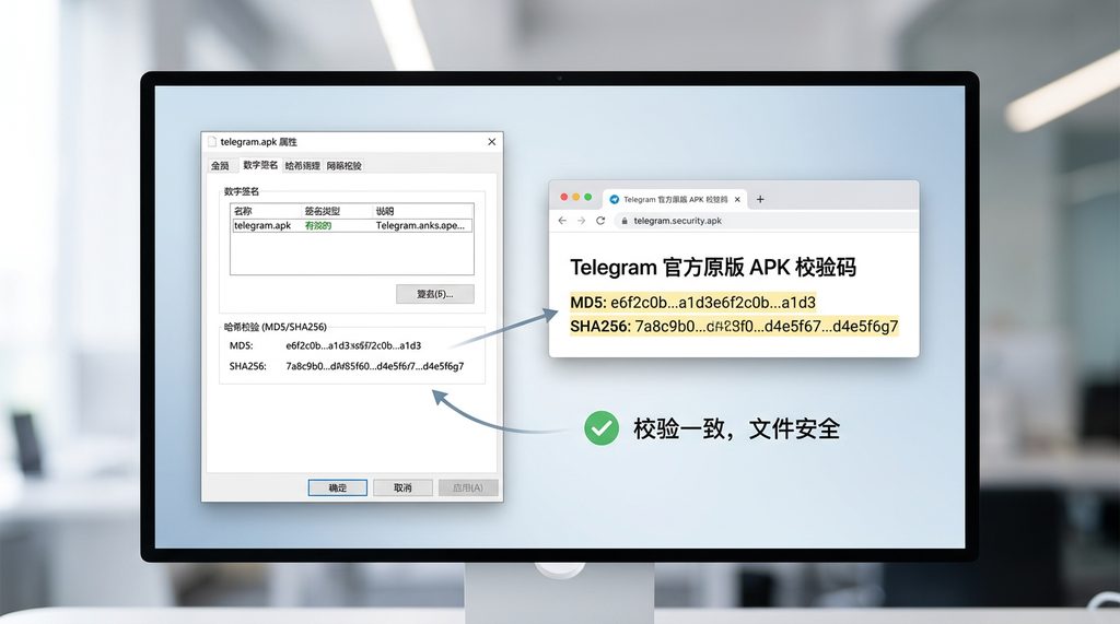 电脑屏幕展示文件属性对话框，显示哈希校验码对比的示意图，风格专业清晰