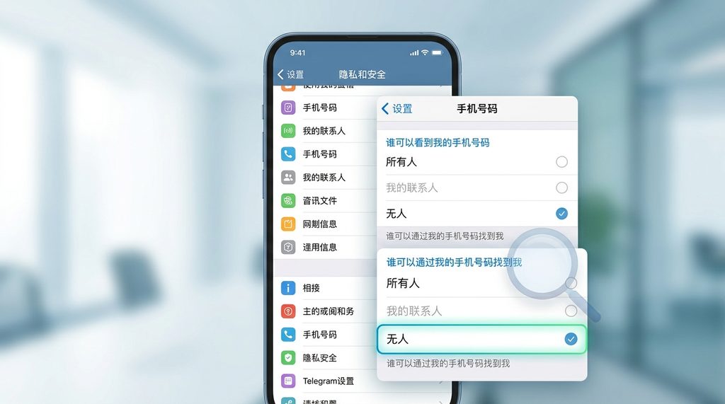 设置界面截图,突出显示“谁可以通过我的手机号找到我”的选项被更改为“无人”的状态
