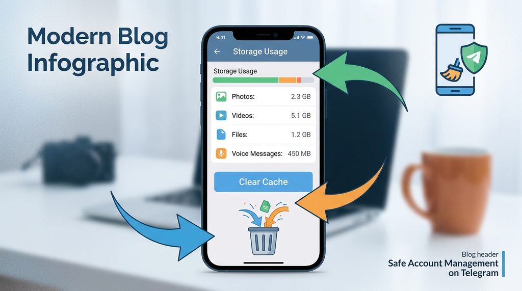 Telegram存储使用量分析界面,展示了聊天记录、图片、视频占用的具体空间数值及清除缓存按钮