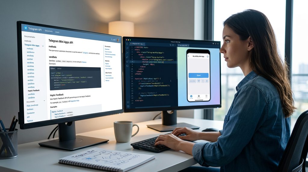 一个开发者在电脑前查看 Telegram API 文档，屏幕上显示着小程序代码与界面预览的对比图