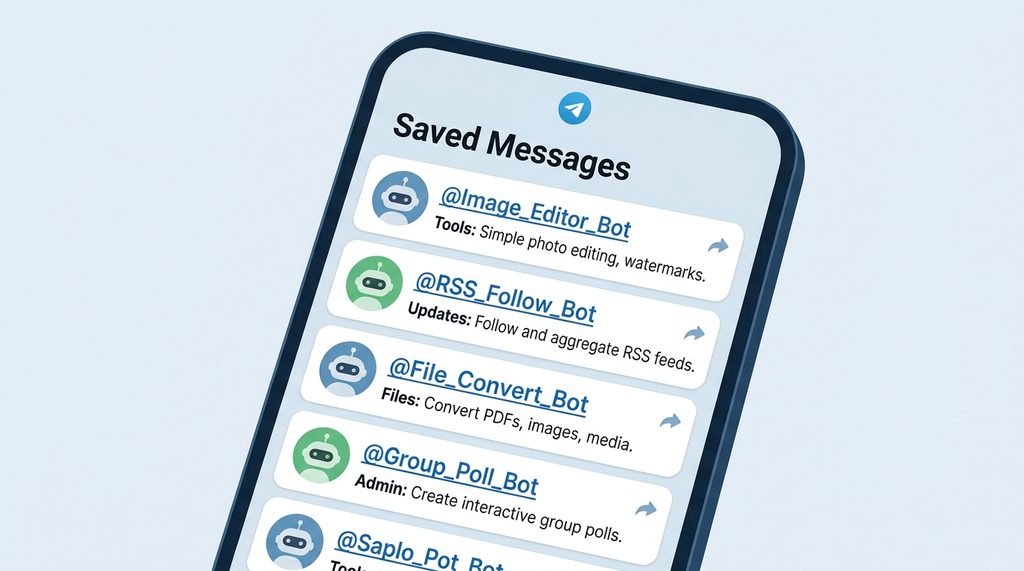 Telegram 收藏夹内整齐排列的机器人链接,配有详细的功能备注,极简风格