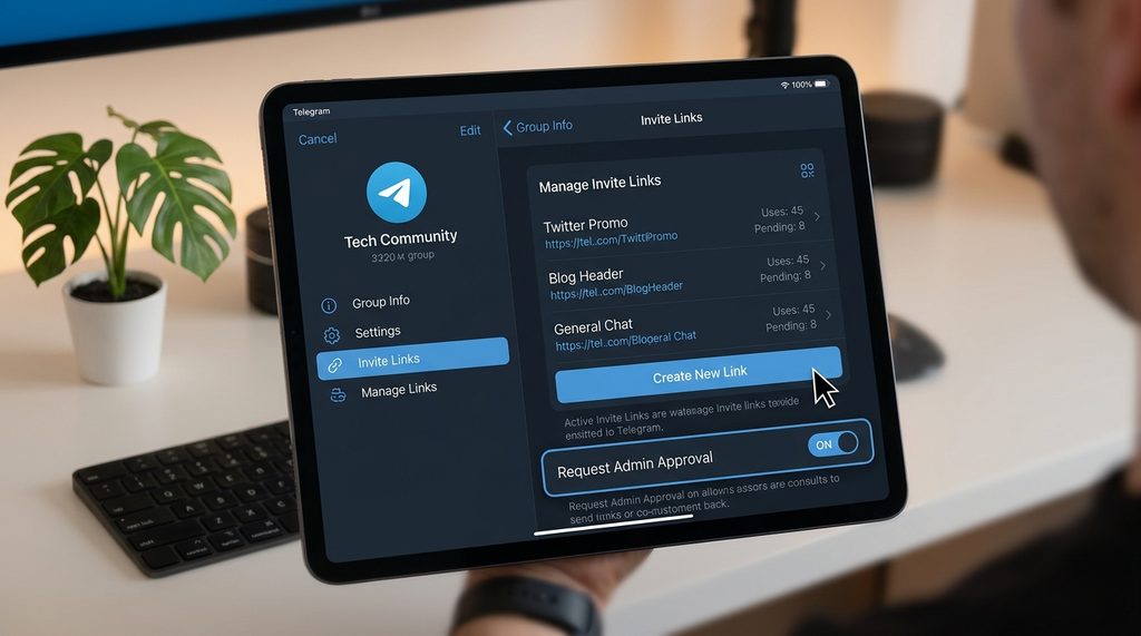 Telegram群组设置界面，展示创建邀请链接和开启入群申请的菜单选项