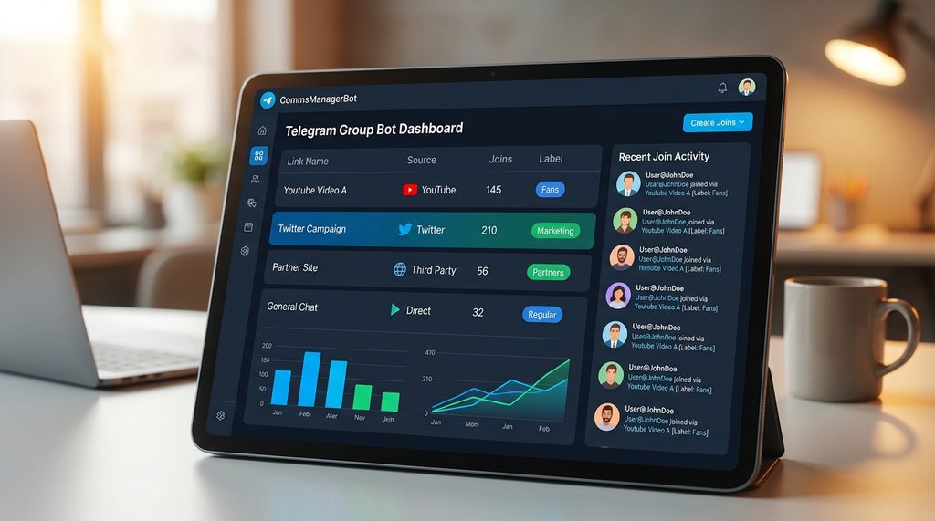 一个Telegram群管理机器人后台界面，展示不同邀请链接来源的统计数据和成员入群记录
