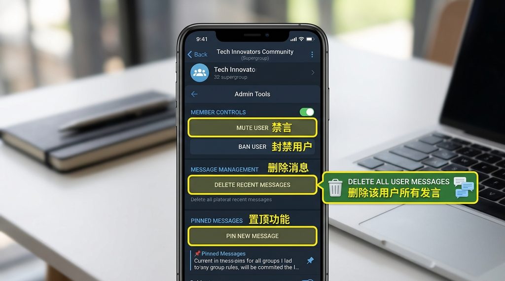 手机屏幕显示Telegram超级群的管理面板,突出展示了禁言、删除消息和置顶功能的UI设计